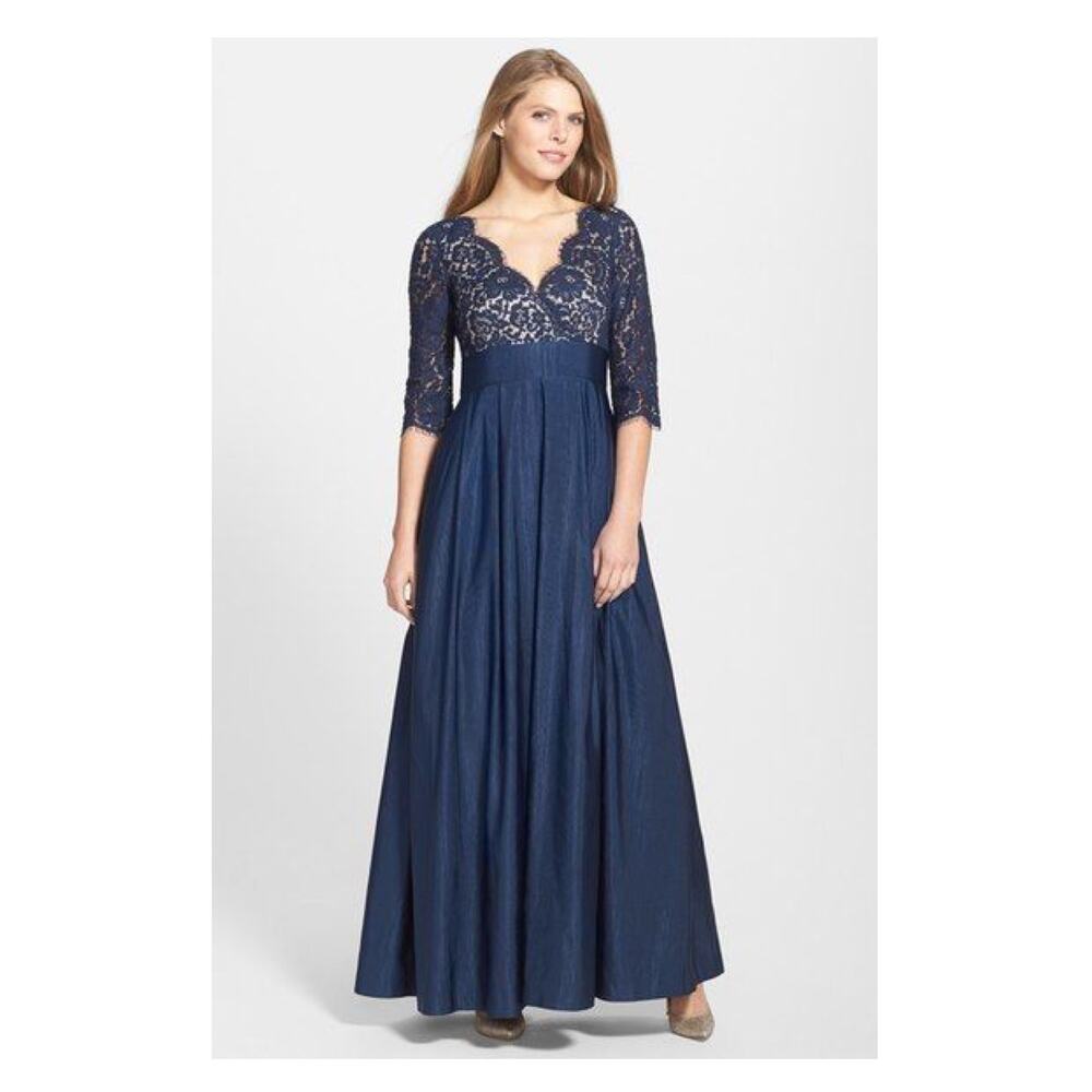 Eliza J Blue Lace V Neck 3/4 Sleeve Gown Sz.8